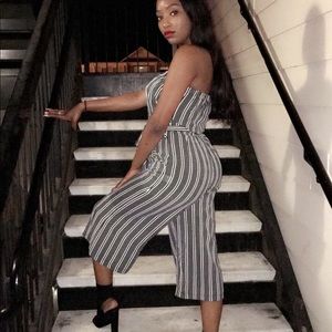 Black and white stripe strapless jumpsuit